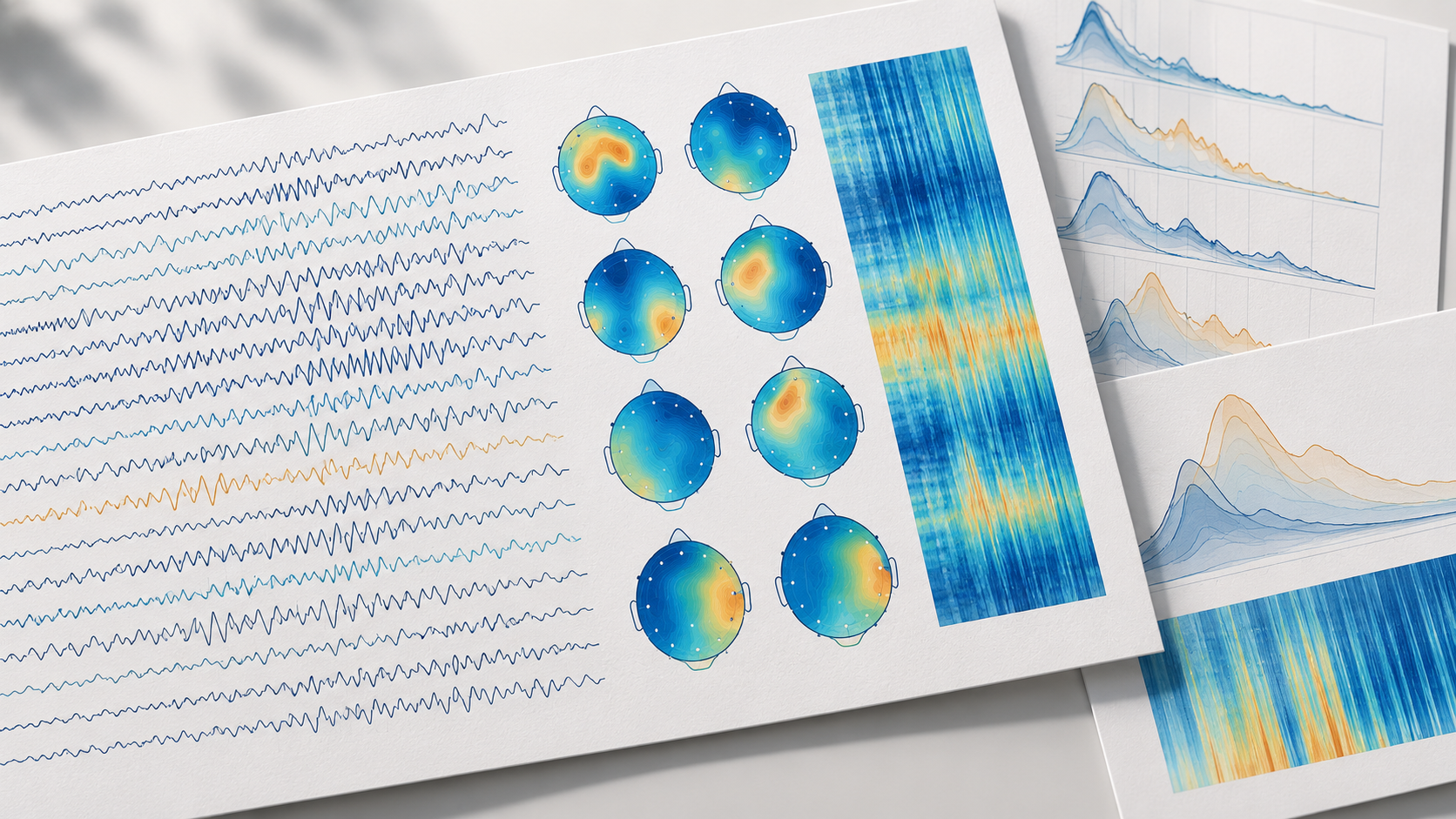 Feuilles d’analyse illustratives présentant des tracés EEG, des cartes du cuir chevelu et des profils spectraux.