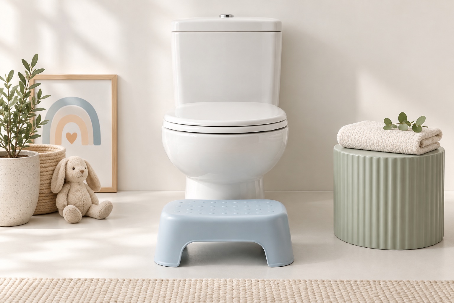 A calm bathroom illustration with a closed toilet, footstool, and folded towel.