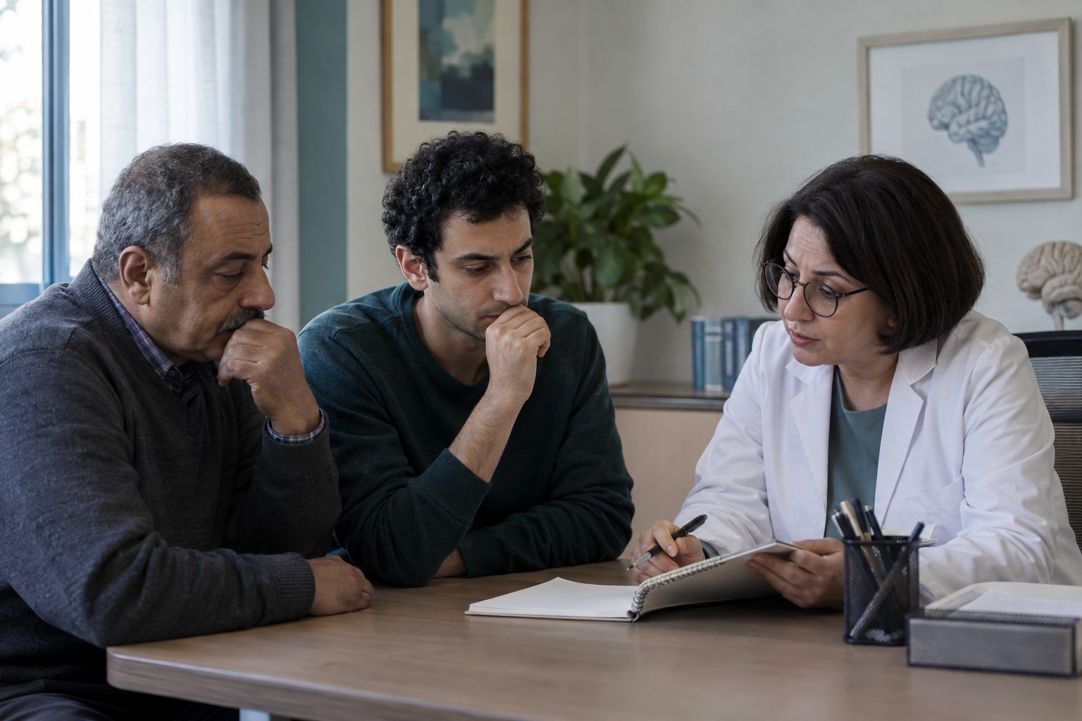 Un adulto y su padre comentan sus observaciones con un médico.
